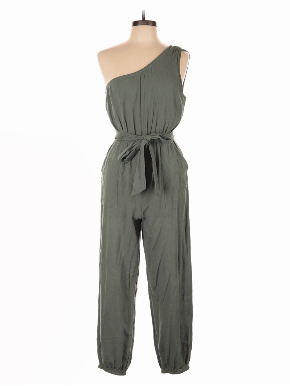 AMERICAN EAGLE One-Shoulder Olive Green Jumpsuit with Tie Waist